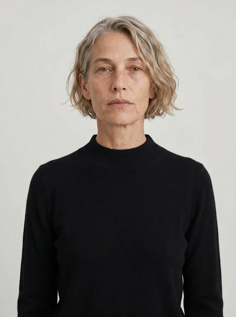 Birgit — mature AI fashion model with silver-grey bob
