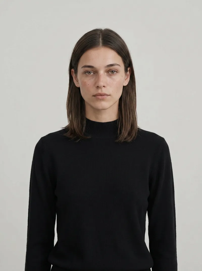 Maria — AI fashion model with long dark centre-parted hair